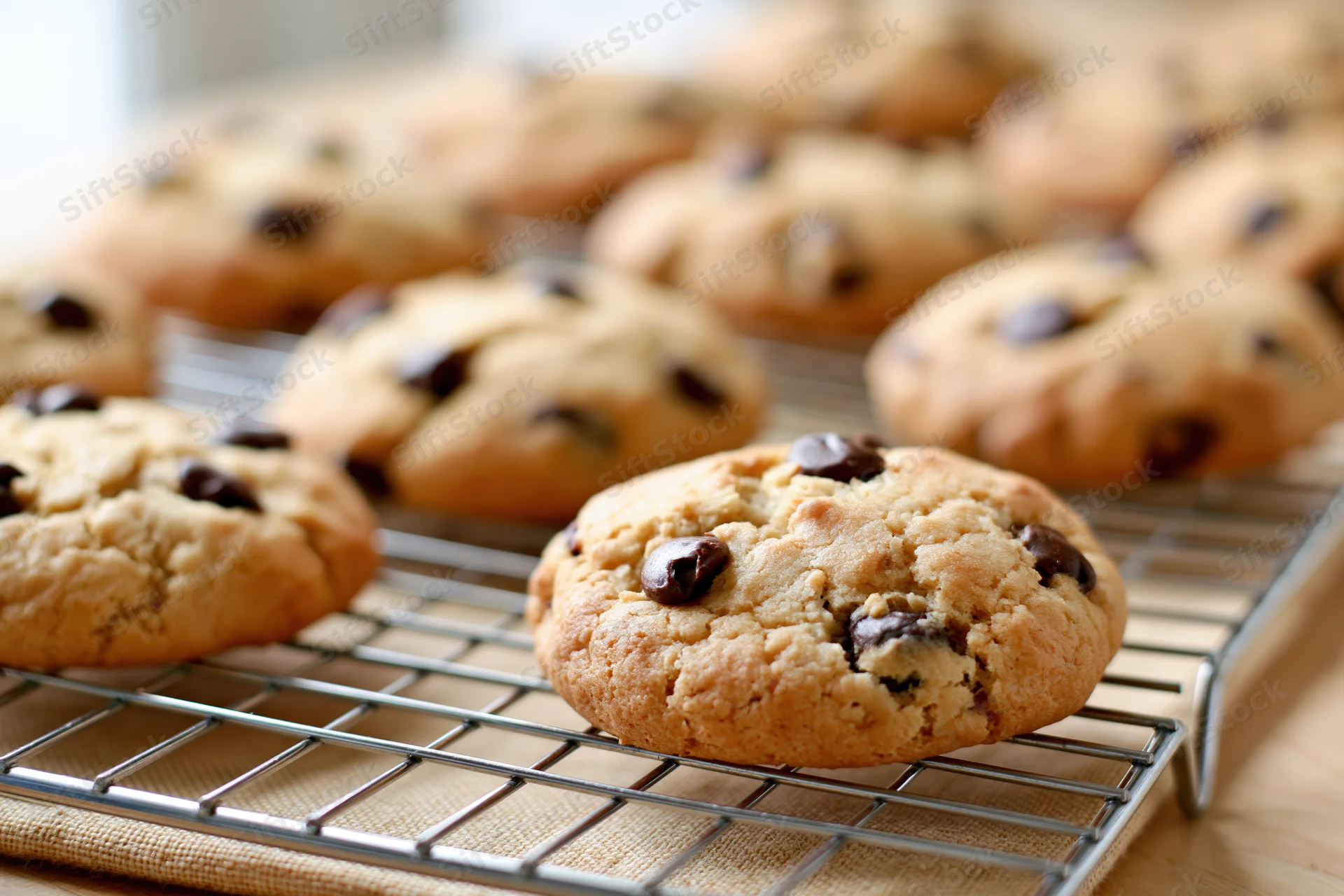 Freshly baked chocolate chip cookies cooling on a wire rack on a wooden surface with a cloth towel underneath