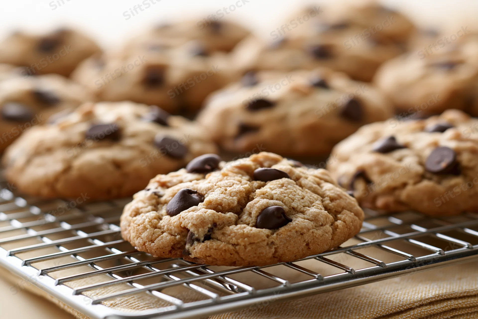 Freshly baked chocolate chip cookies cooling on a wire rack in a kitchen
