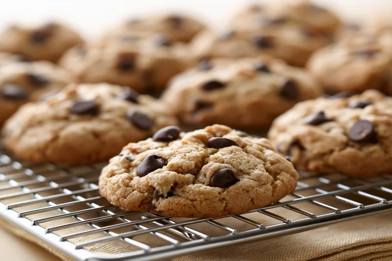 Freshly baked chocolate chip cookies cooling on a wire rack in a kitchen