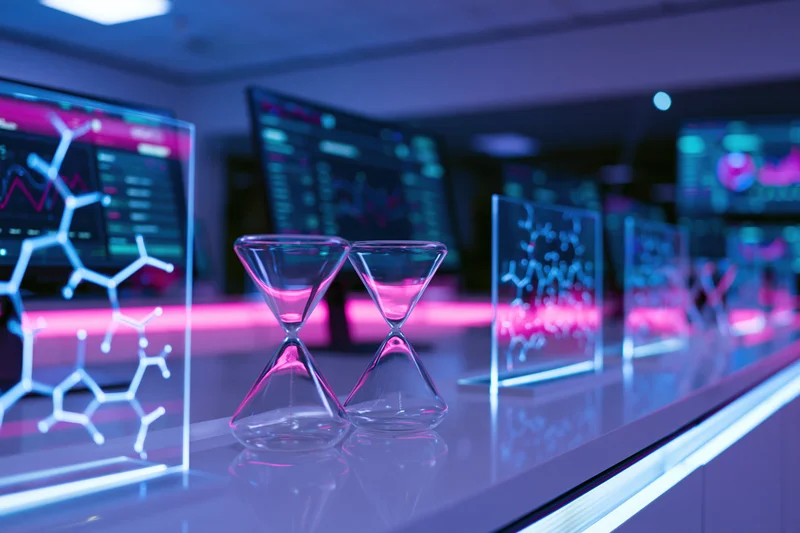 Futuristic laboratory workstation with glowing molecular structures and hourglasses on a reflective surface
