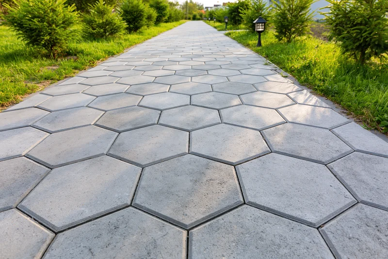 Hexagonal stone pathway stretching through a green garden with shrubs and lanterns on either side