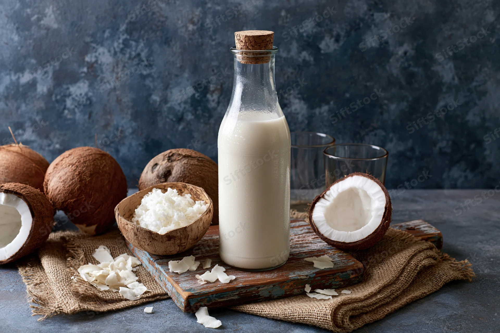 Glass bottle of coconut milk on a wooden board with coconuts and shredded coconut around it