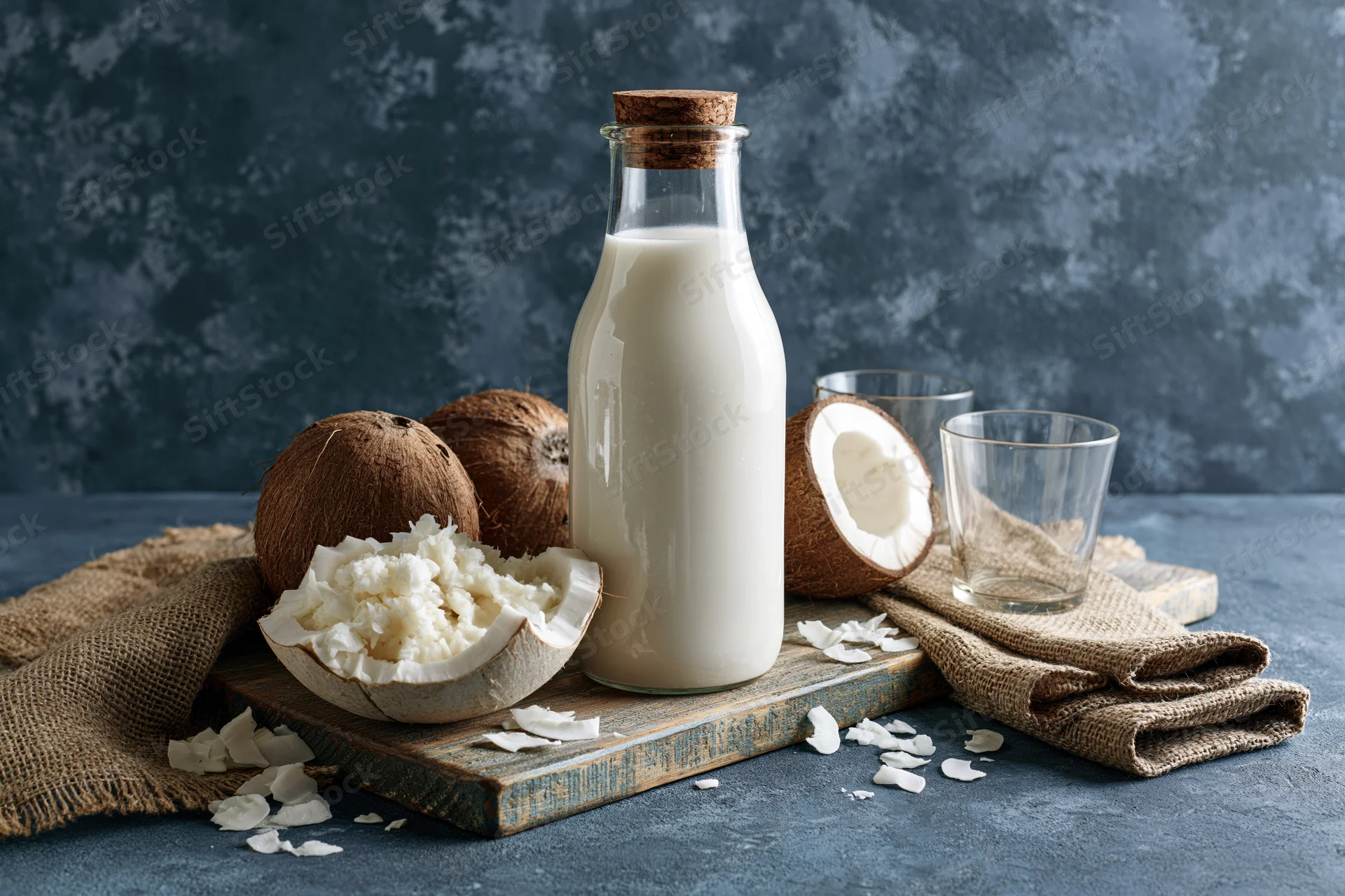 Glass bottle of coconut milk on wooden cutting board with coconuts and glasses nearby