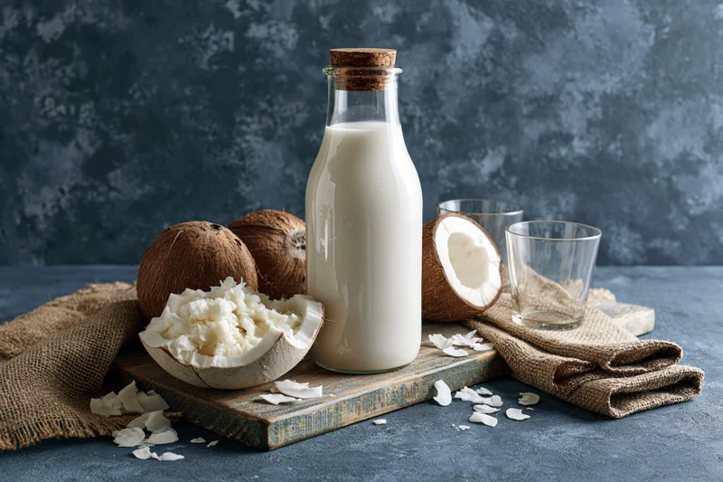 Glass bottle filled with coconut milk on a worn wooden board
