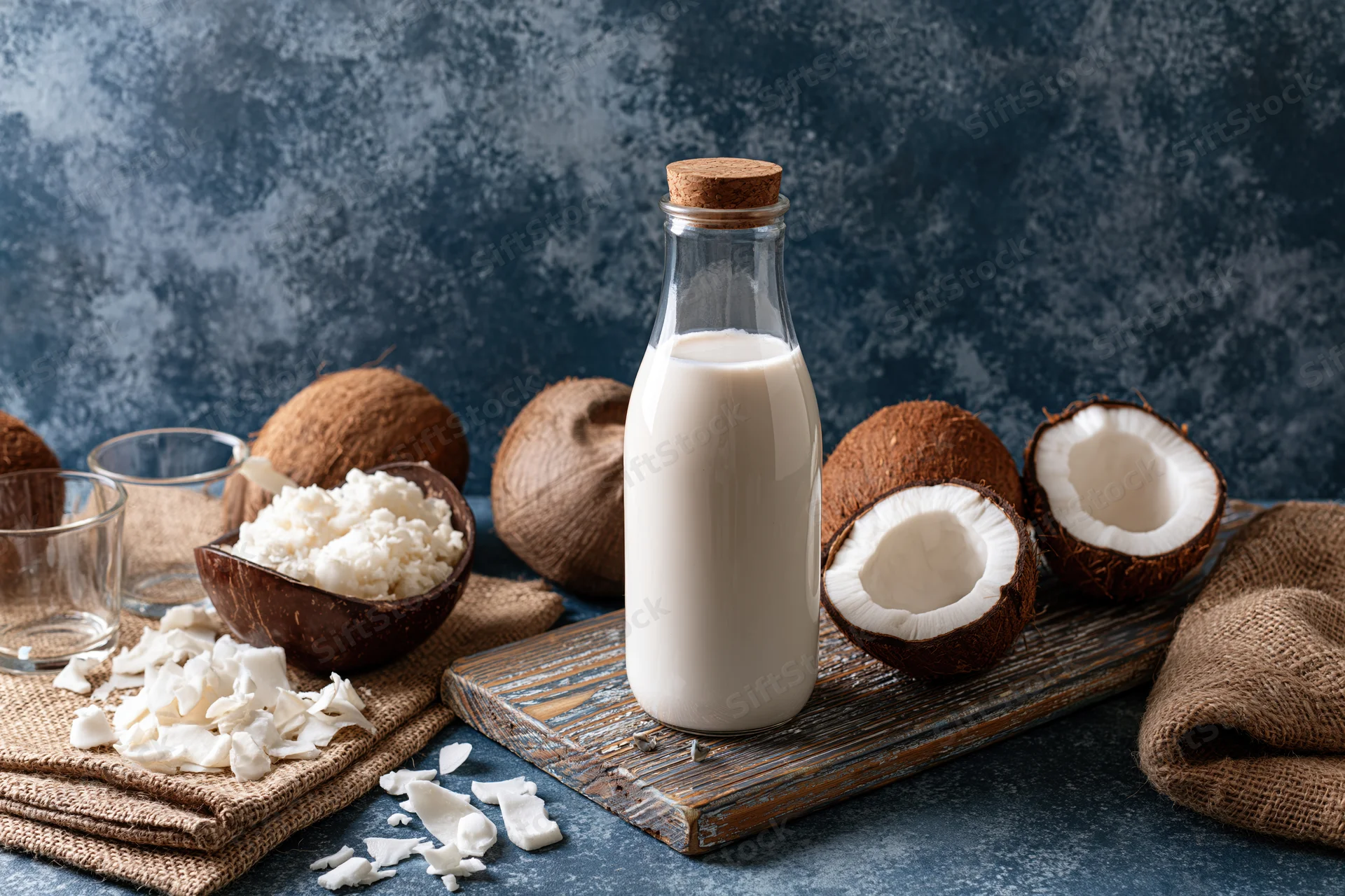 Glass bottle of coconut milk on a wooden board surrounded by coconuts and shredded coconut on burlap cloth
