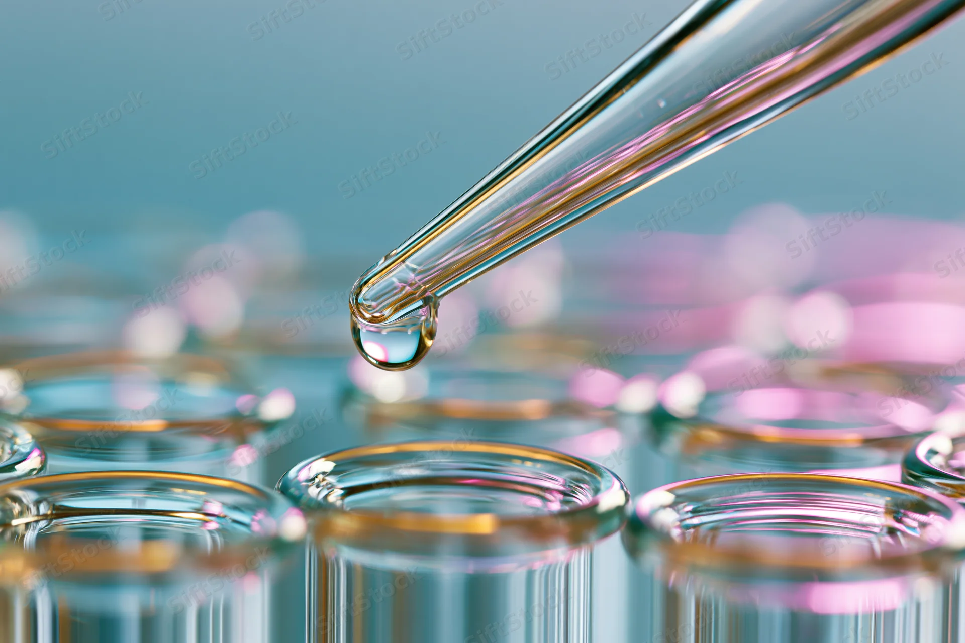 Glass pipette releasing a drop over a row of test tubes in a lab setting