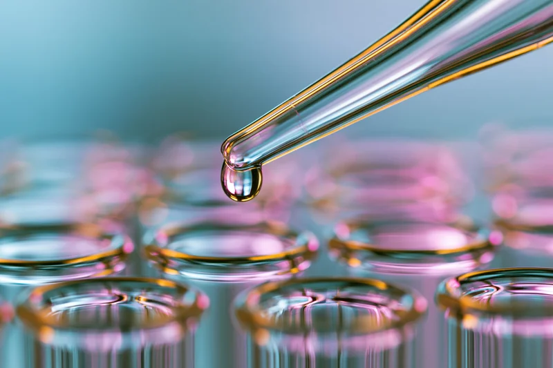 Glass pipette releasing a droplet over a row of test tubes in a laboratory setting