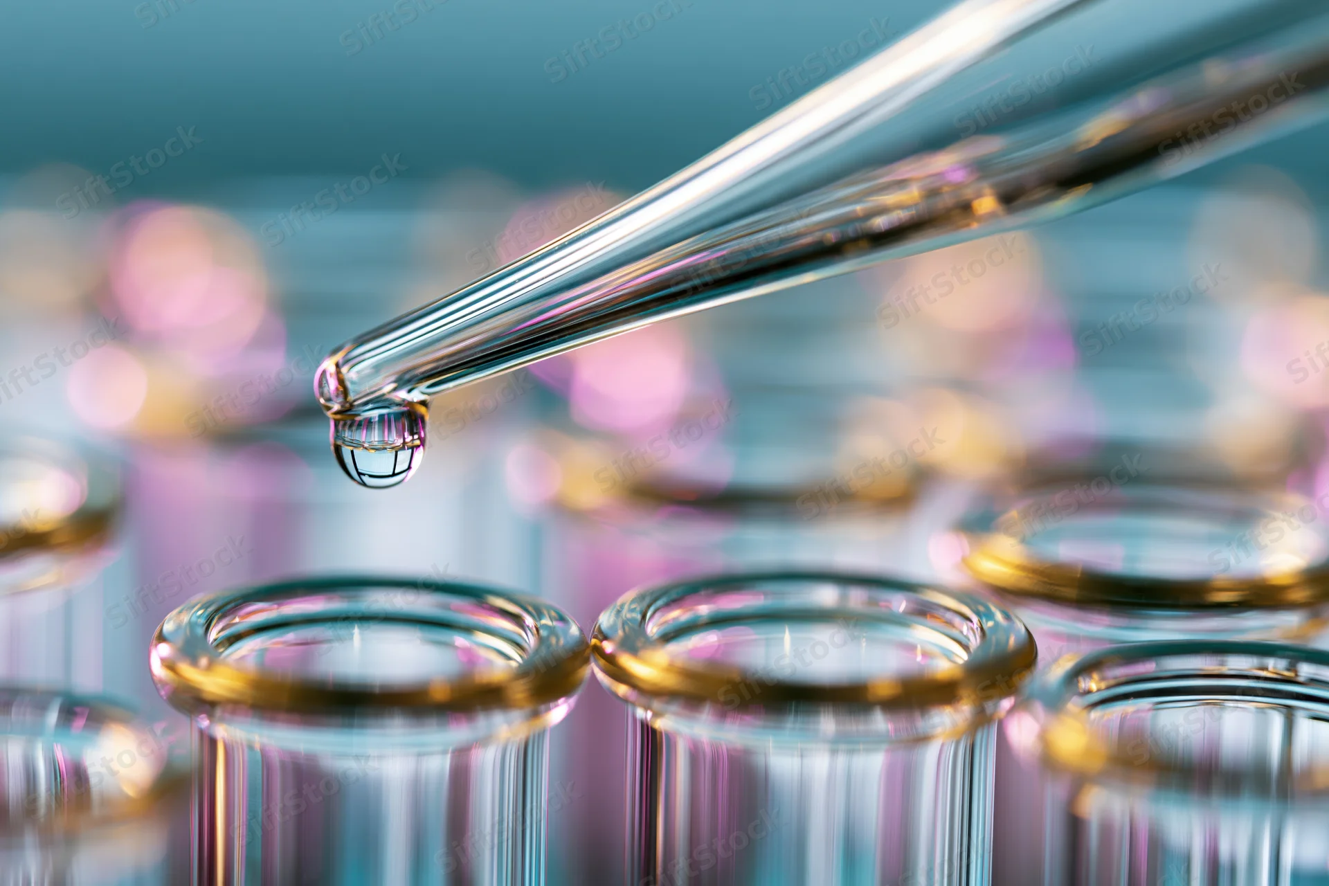 Glass pipette releasing a droplet over a row of empty test tubes in a laboratory setting