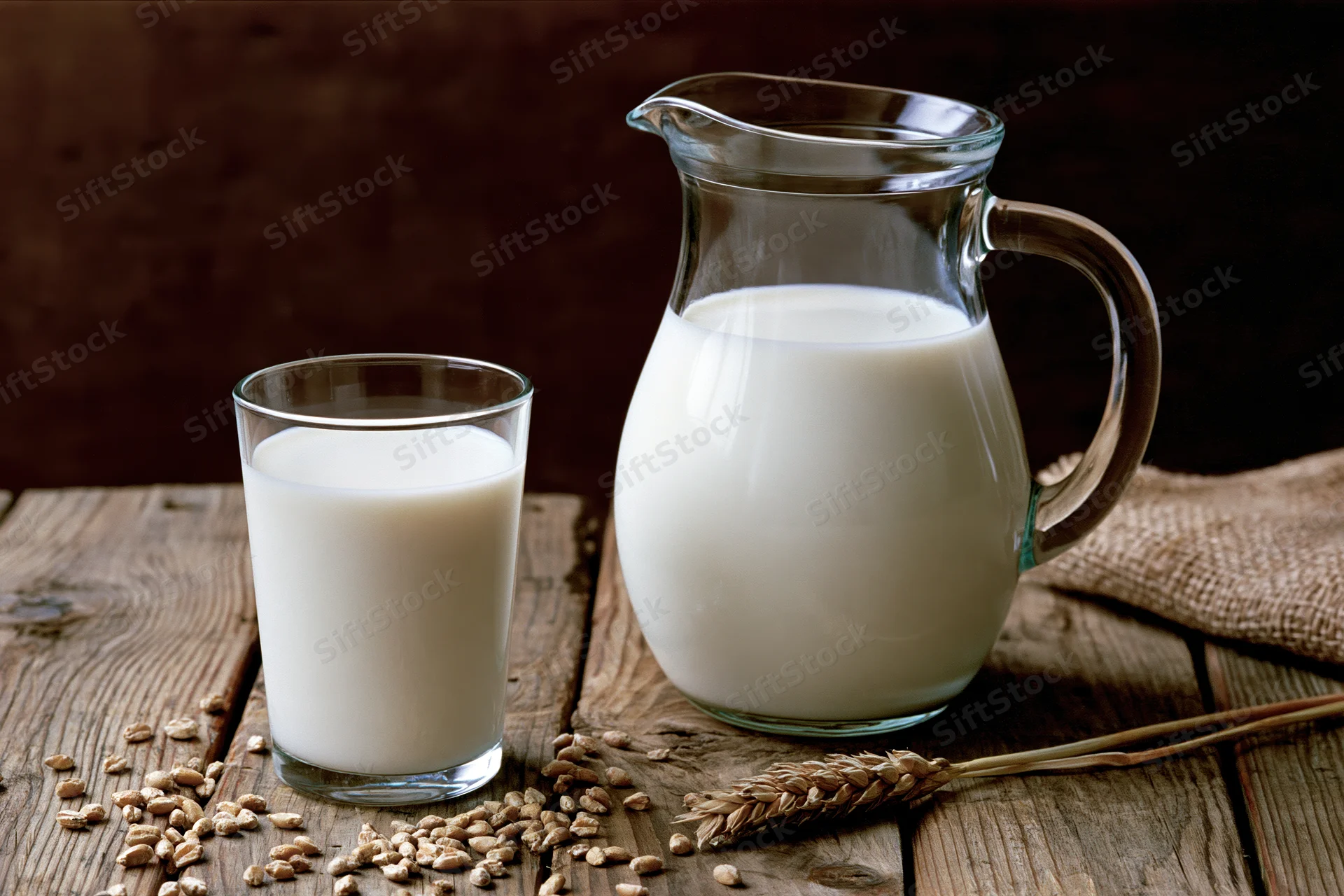 Glass pitcher and drinking glass filled with milk on a wooden table with scattered oats and wheat stalks