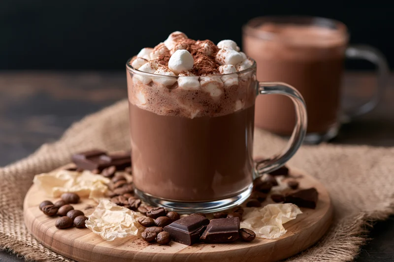 Glass mug of hot chocolate topped with mini marshmallows and cocoa powder on a wooden board with chocolate pieces and coffee beans