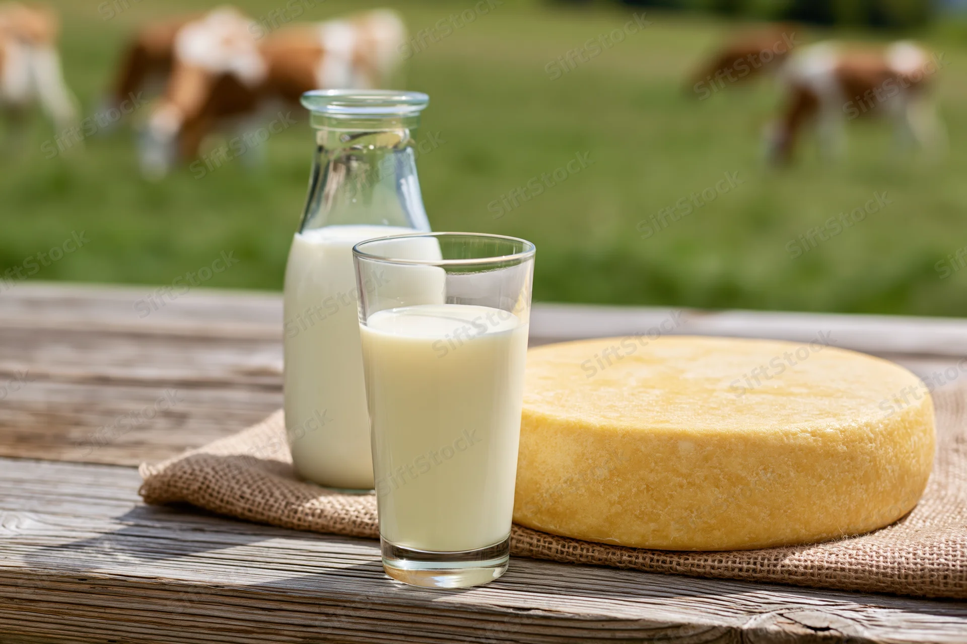 Glass of milk and round cheese on wooden table with cows grazing in pasture