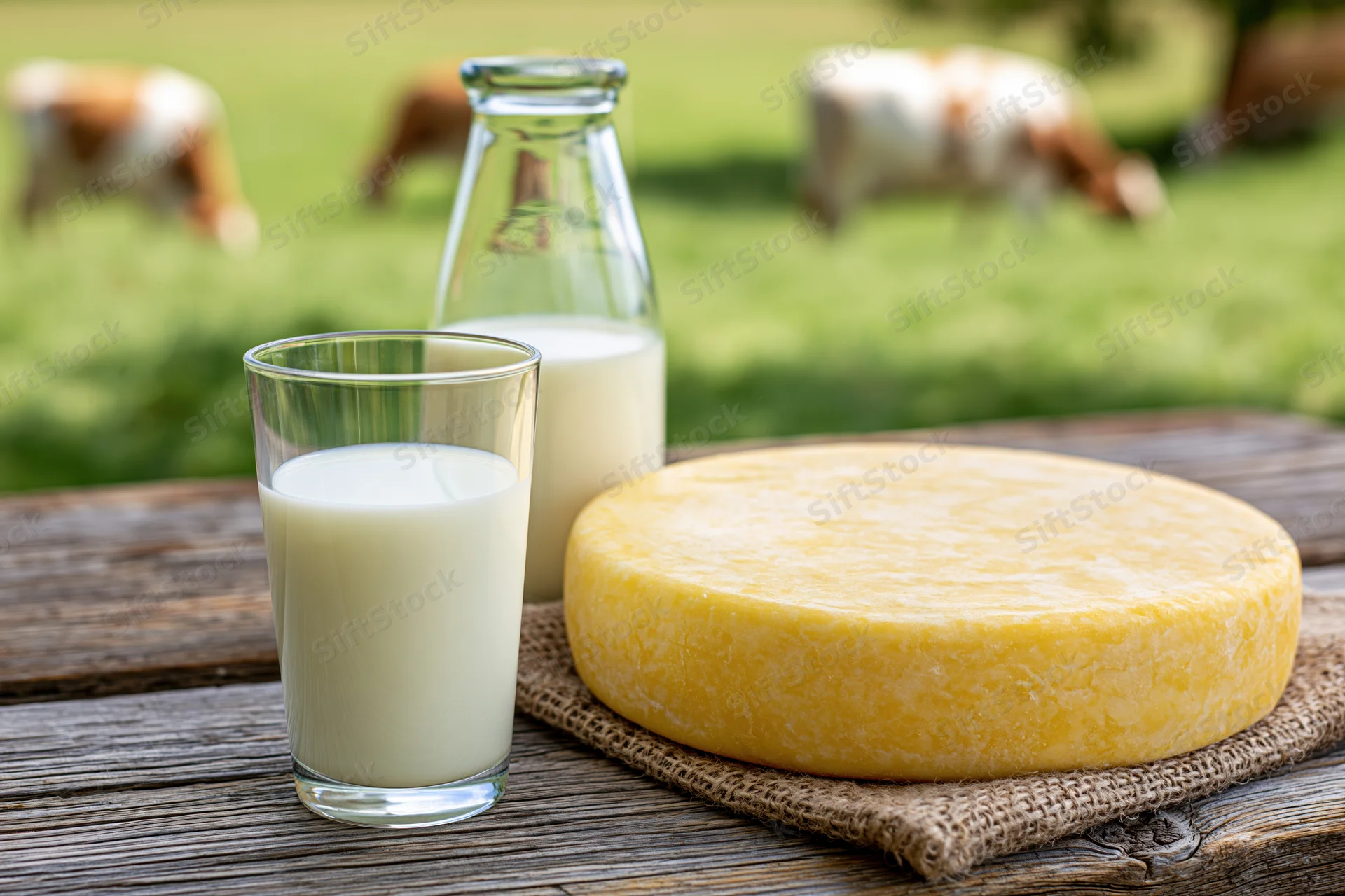 Glass of milk and round cheese wheel on wooden table with cows grazing in green pasture