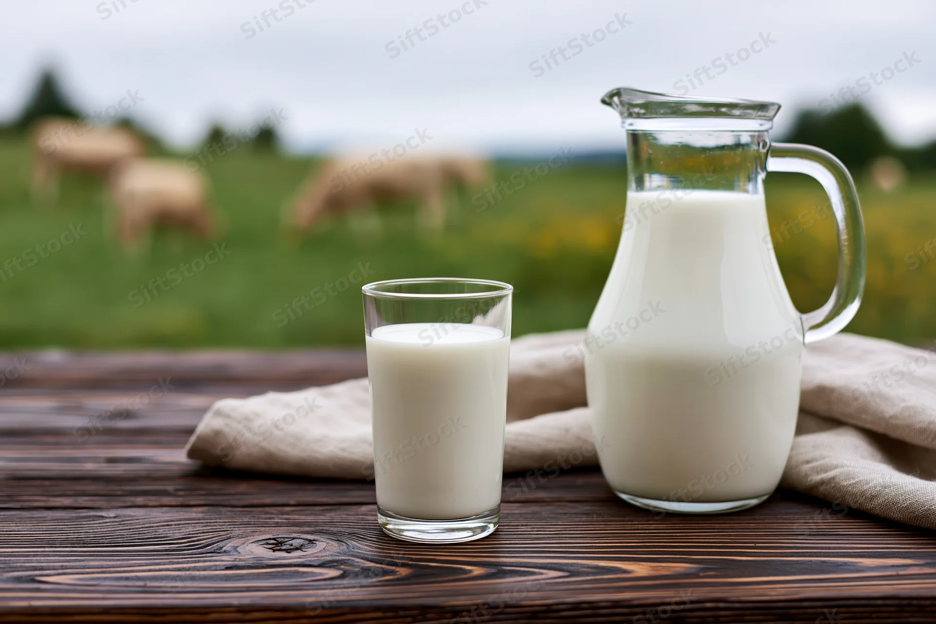 Glass of milk and pitcher on wooden table with cows grazing in field