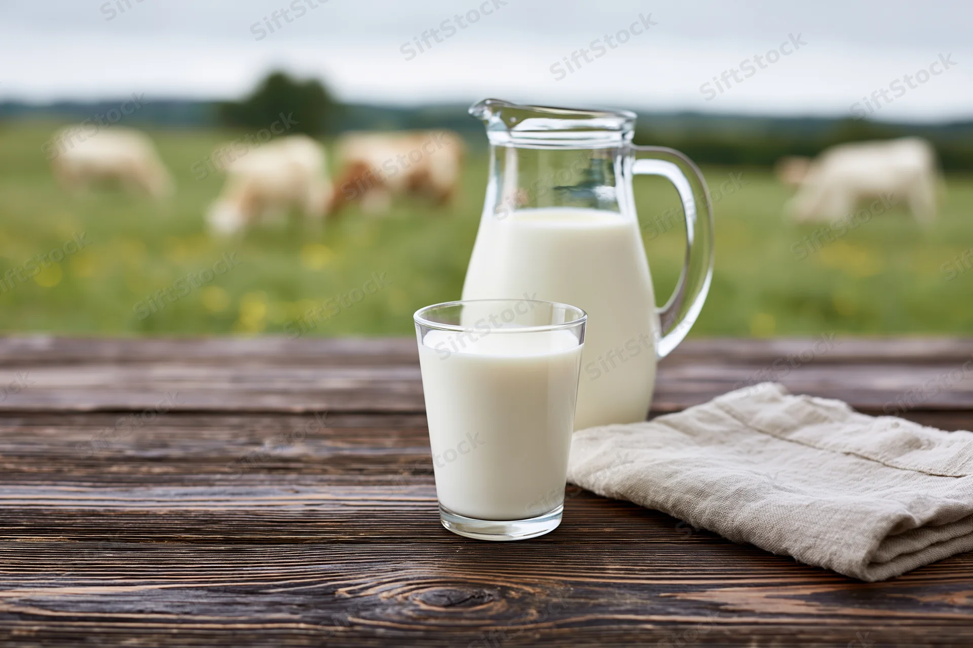 Glass of milk and a pitcher on a wooden table with cows grazing in a field behind