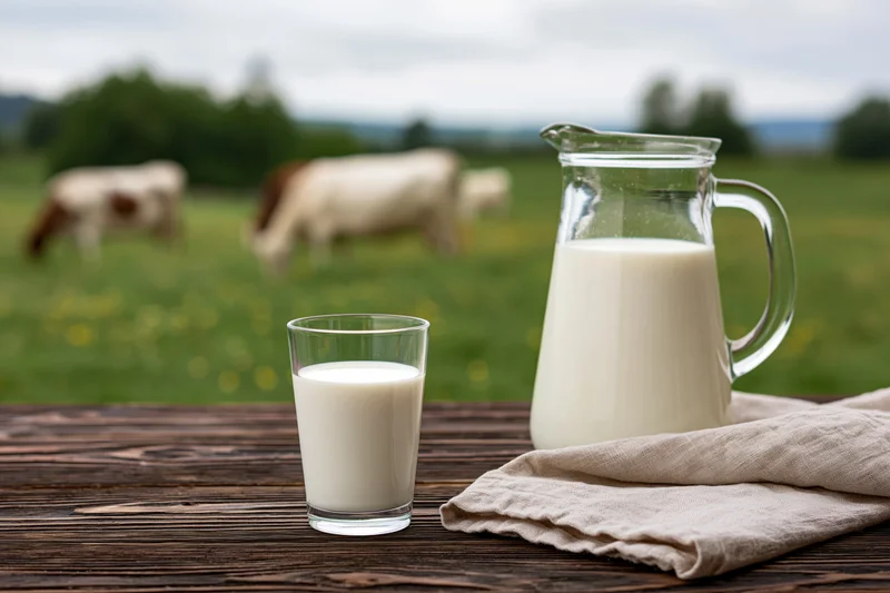 Glass of milk and pitcher on wooden table with cows grazing in field behind