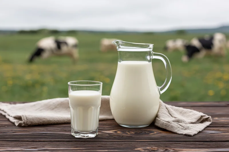 Glass of milk and pitcher on wooden table with cows grazing in field behind