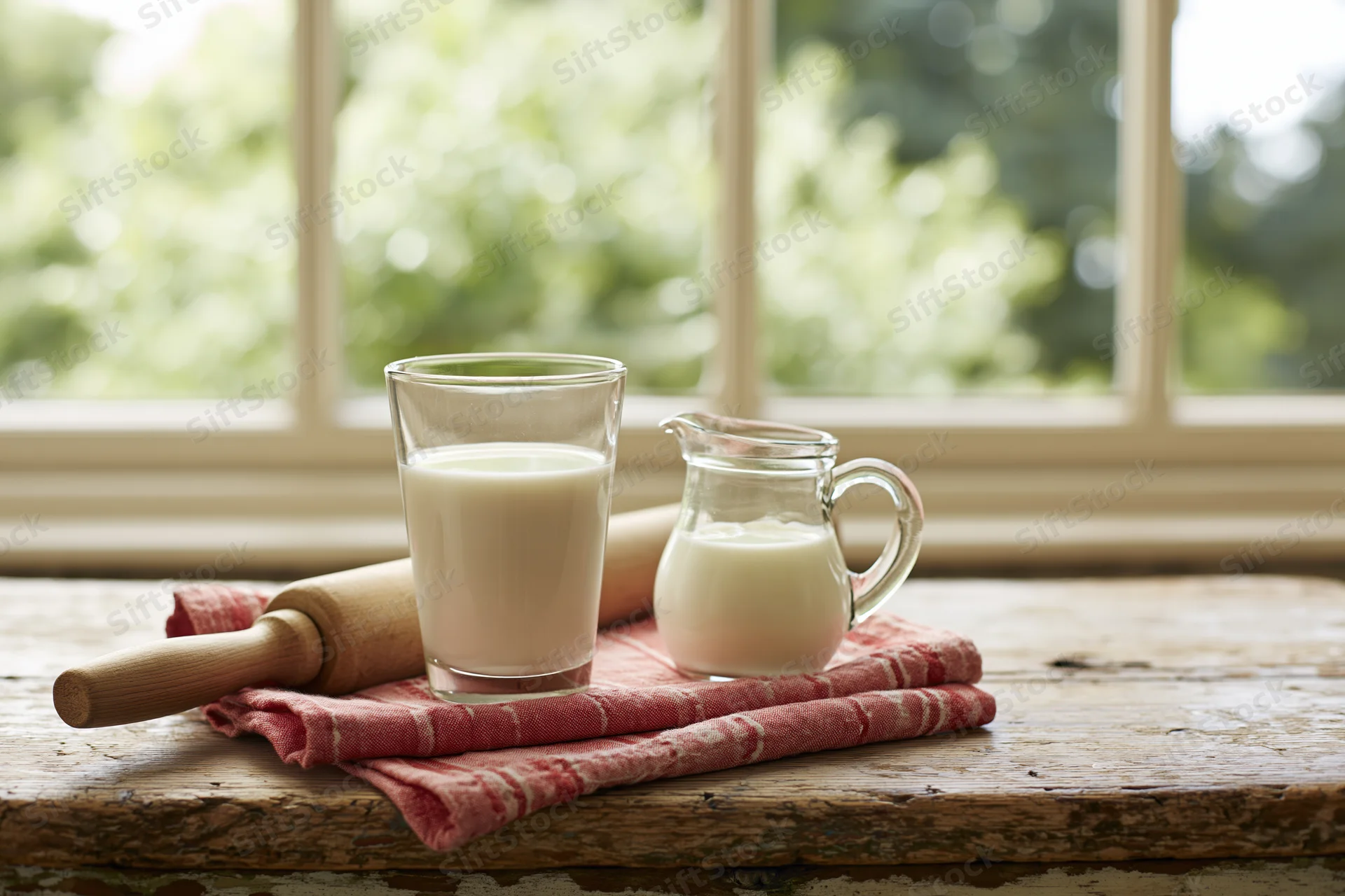 Glass of milk and small milk jug on a red cloth beside a wooden rolling pin on a rustic table by a window
