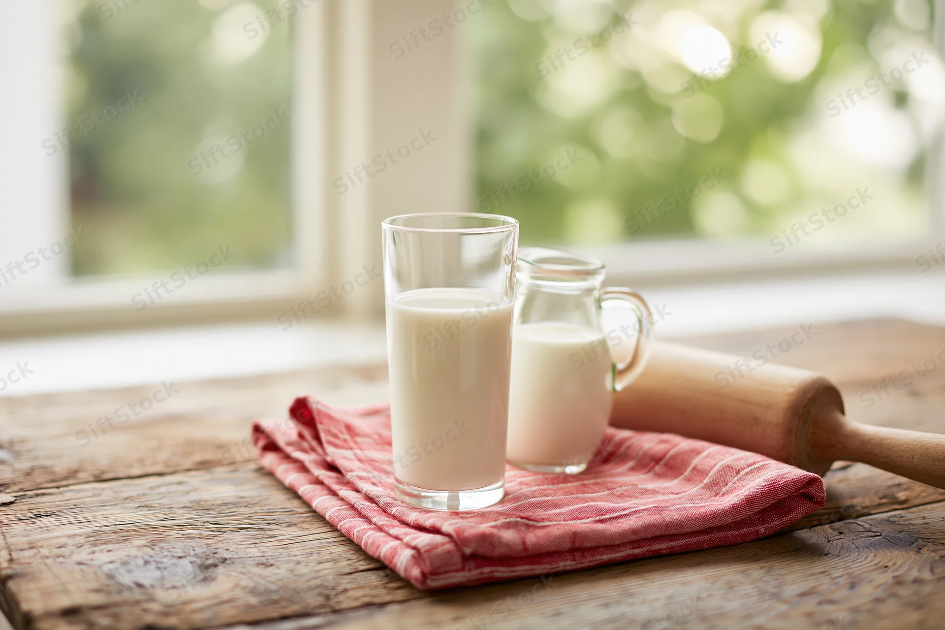 Glass of milk and small jug on red cloth beside wooden rolling pin on rustic table near window
