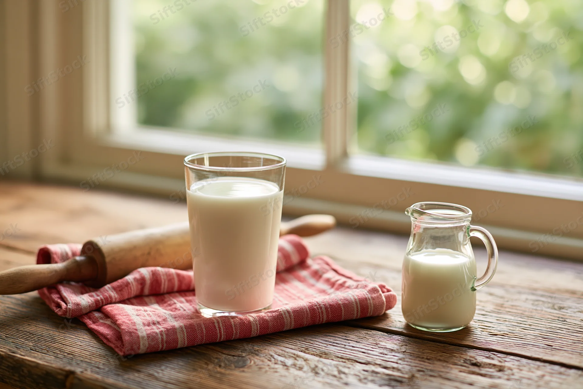 Glass of milk and small jug on wooden table by window with rolling pin and cloth