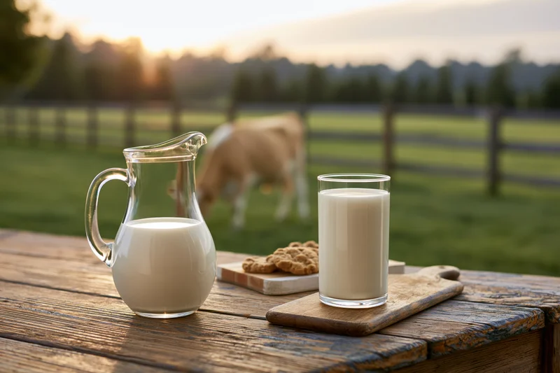 Glass pitcher and tall glass of milk on wooden table with cow grazing in pasture at sunset
