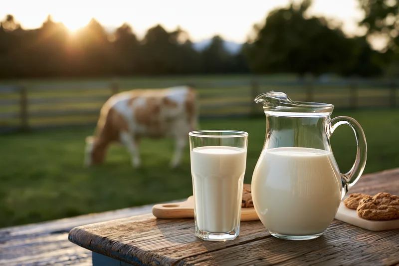 Glass pitcher and tall drinking glass filled with milk on wooden table in front of grazing cow in pasture at sunset