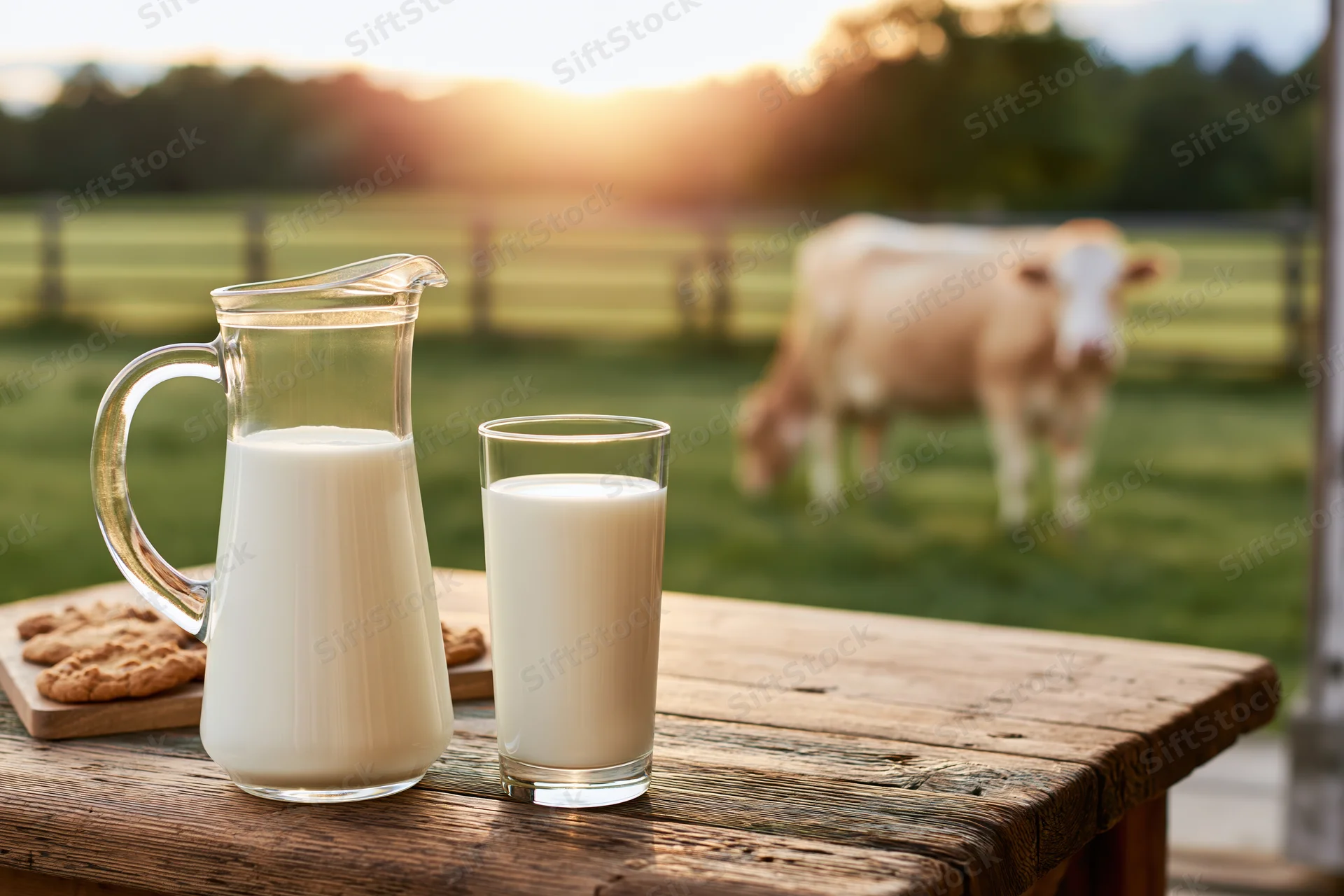 Glass pitcher and tall glass of milk on wooden table with cow in pasture at sunset