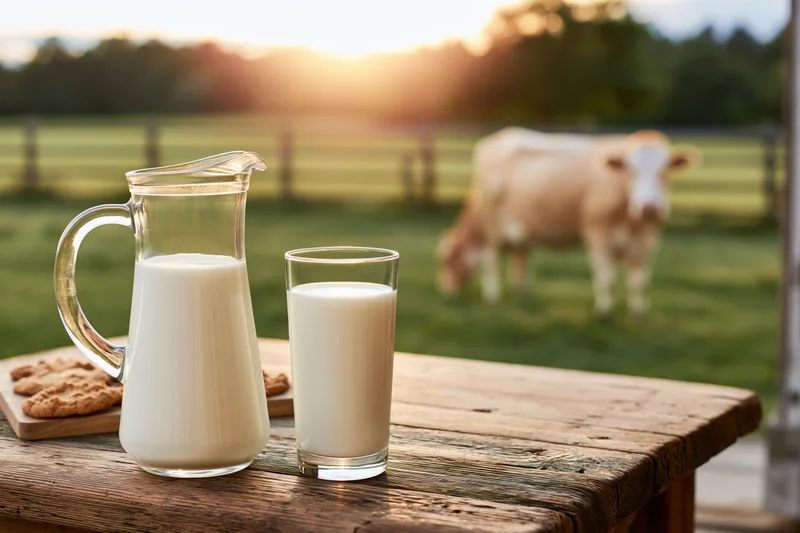 Glass pitcher and tall glass of milk on wooden table with cow in pasture at sunset