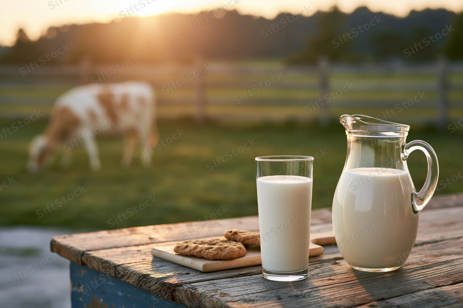 Glass pitcher and tall drinking glass filled with milk on a wooden table in a pasture at sunset with a cow grazing in the background