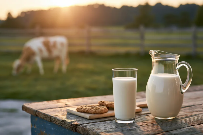 Glass pitcher and tall drinking glass filled with milk on a wooden table in a pasture at sunset with a cow grazing in the background