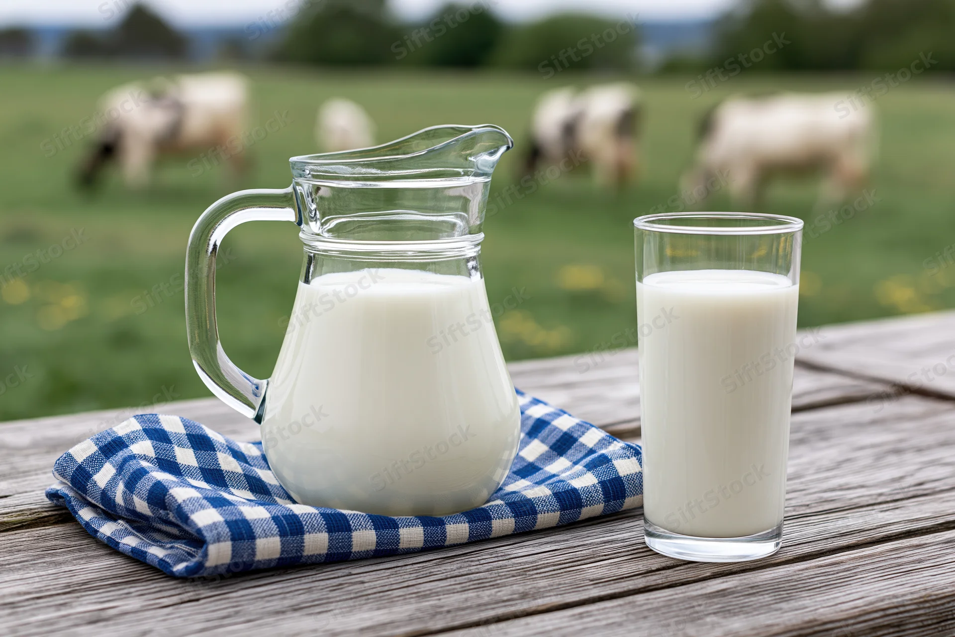 Glass pitcher and tall glass of milk on wooden table with cows grazing in field behind