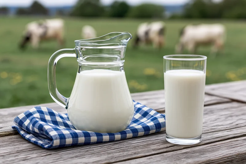 Glass pitcher and tall glass of milk on wooden table with cows grazing in field behind