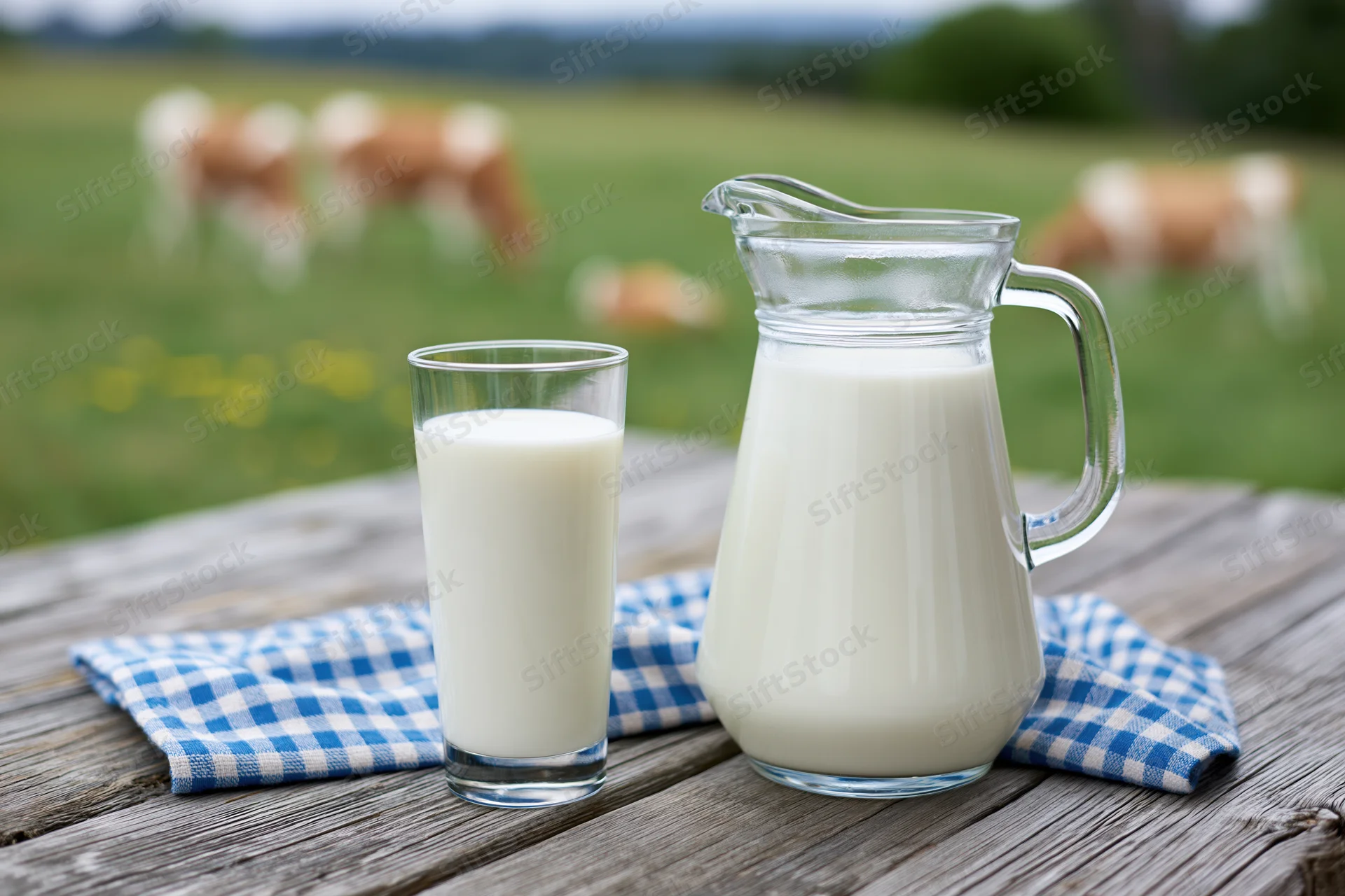 Glass pitcher and tall glass of milk on wooden table with cows grazing in field behind