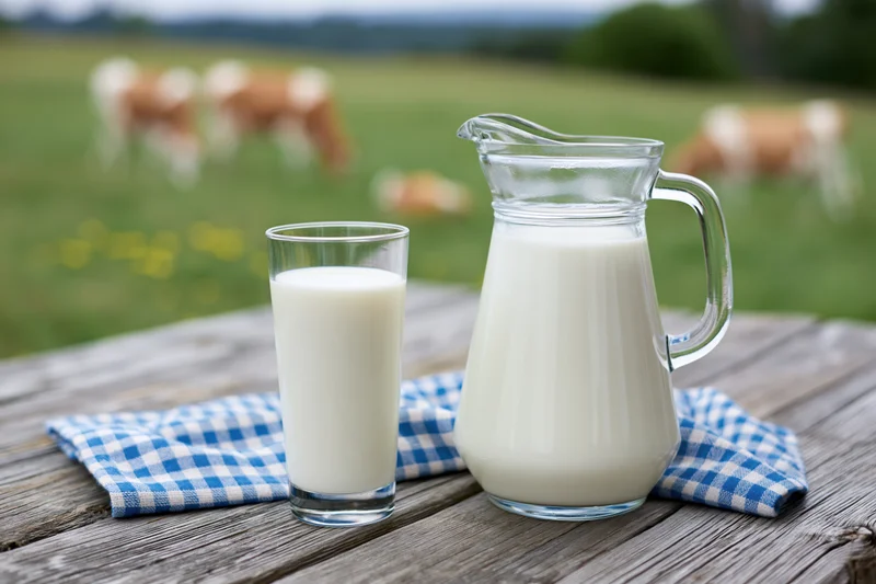 Glass pitcher and tall glass of milk on wooden table with cows grazing in field behind