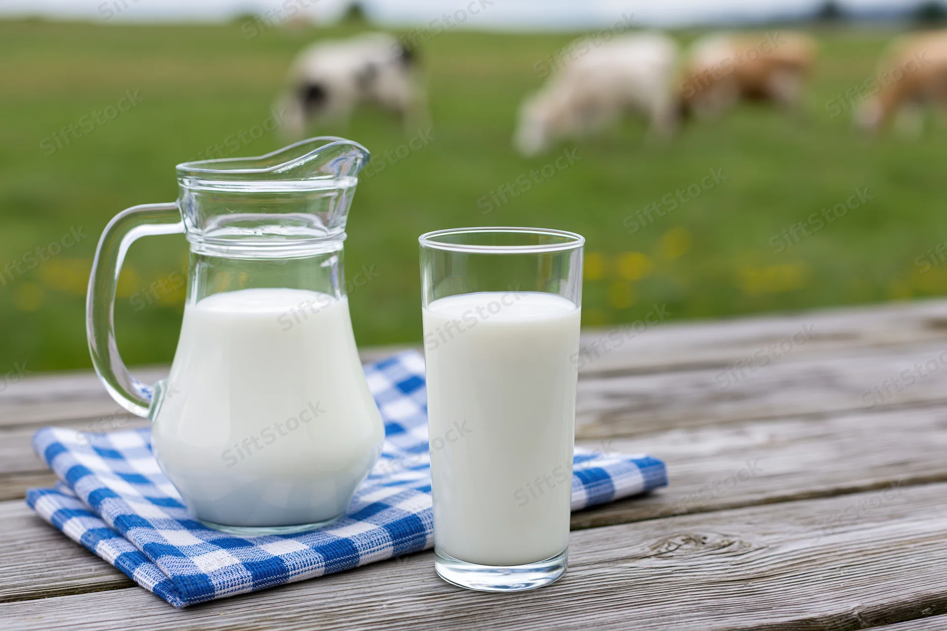 Glass pitcher and tall glass of milk on wooden table with cows grazing in field behind