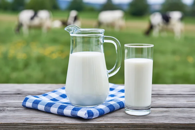 Glass pitcher and tall glass filled with milk on wooden table with cows grazing in field behind