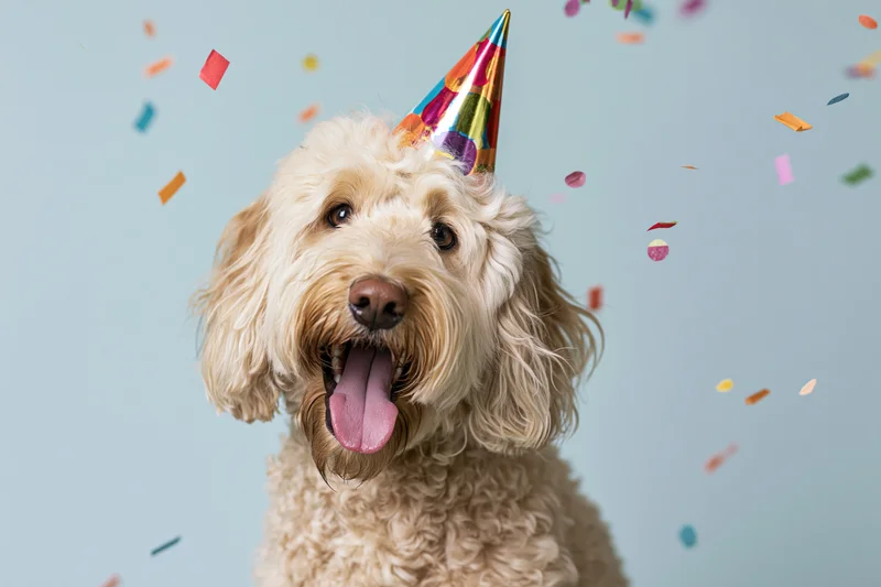 Golden doodle dog wearing colorful party hat with open mouth and confetti falling around it in studio setting