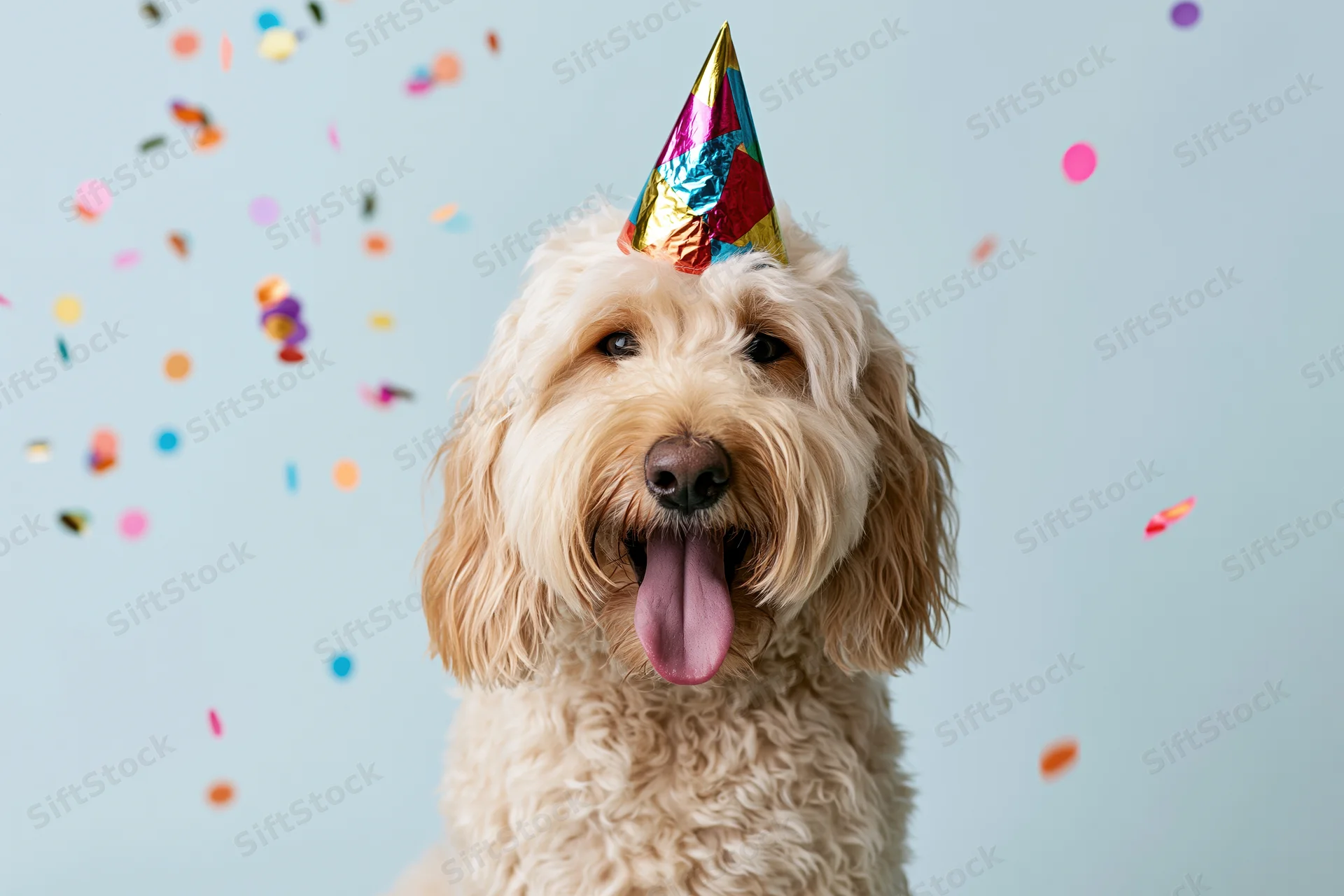 Golden doodle dog wearing a colorful party hat with tongue out amidst falling confetti in a studio setting