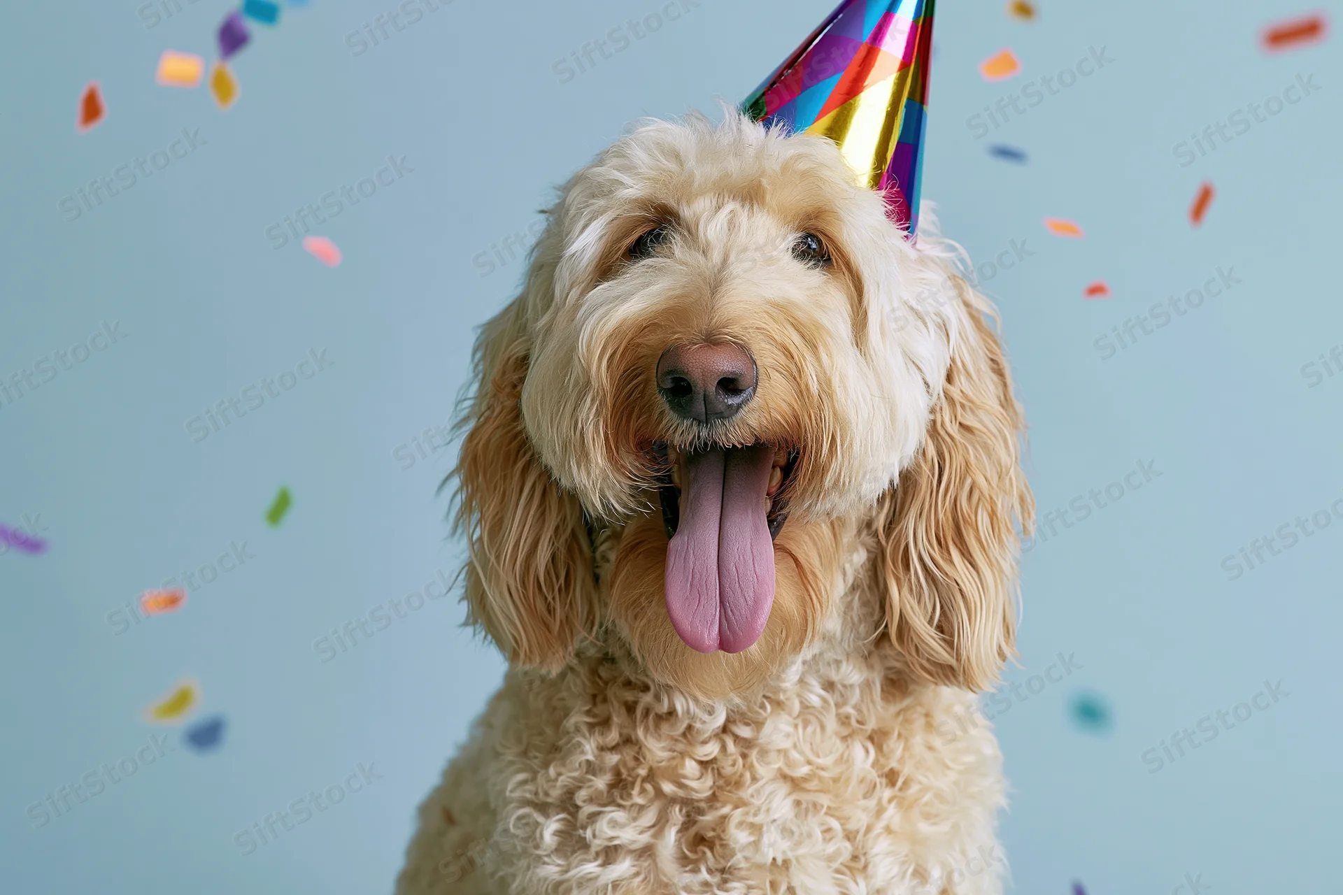 Golden doodle dog wearing colorful party hat with tongue out amid falling confetti against light blue background