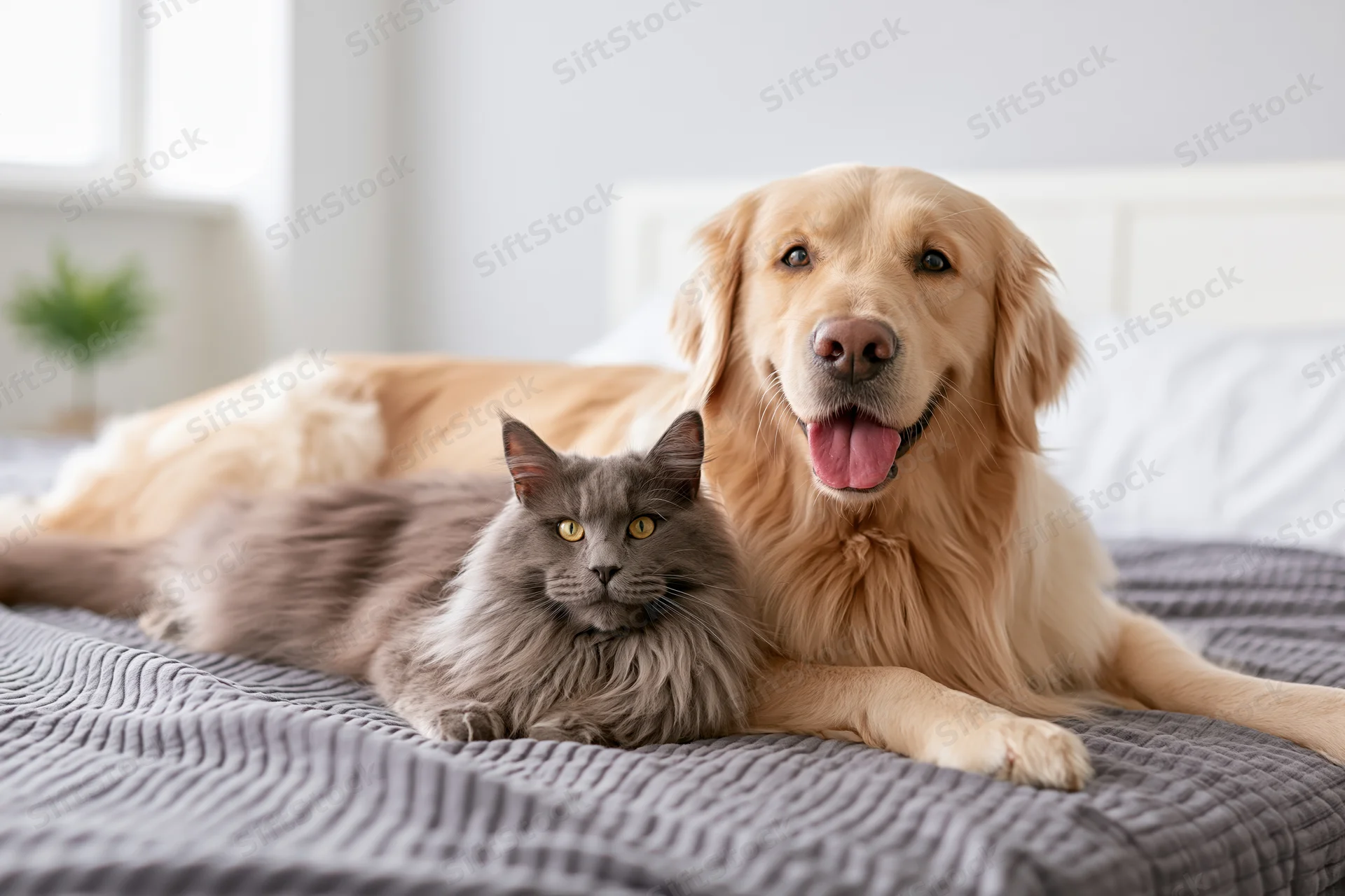 Golden retriever lying on a grey blanket on a bed with a grey cat beside it