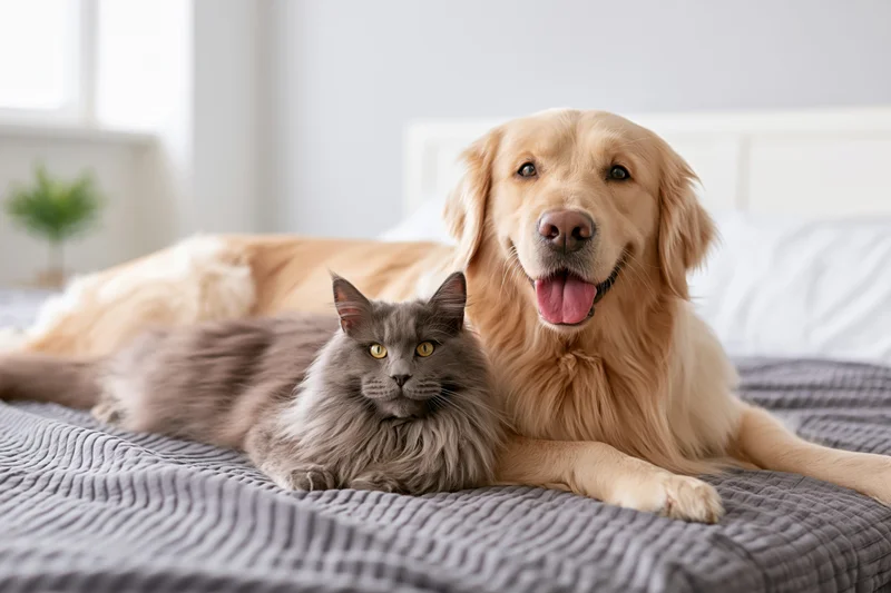 Golden retriever lying on a grey blanket on a bed with a grey cat beside it