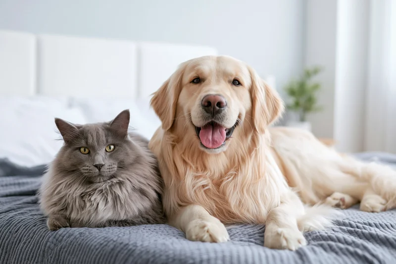 Golden retriever lying on a gray blanket on a bed beside a gray cat