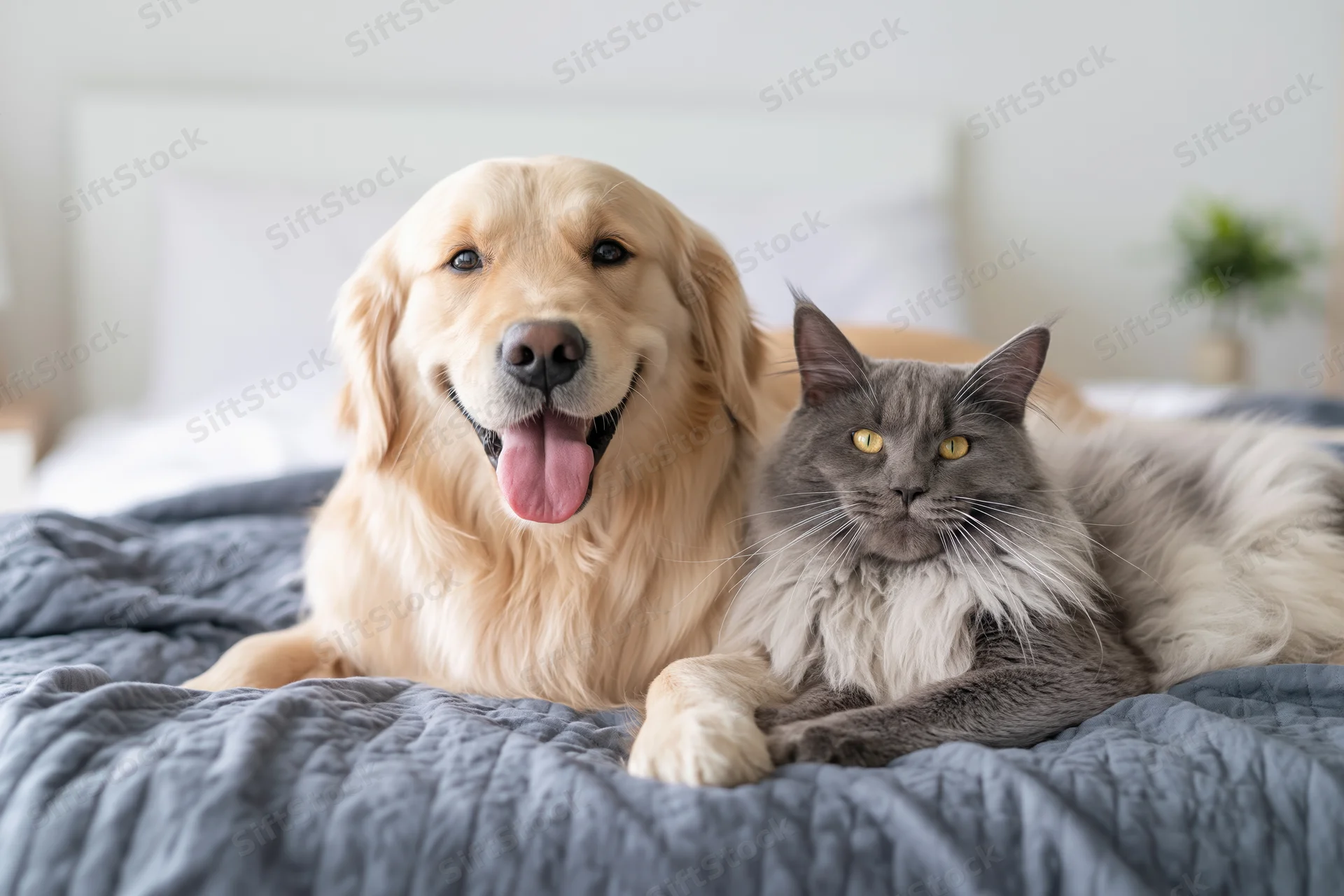 Golden retriever and grey cat lying together on a grey blanket in a bedroom