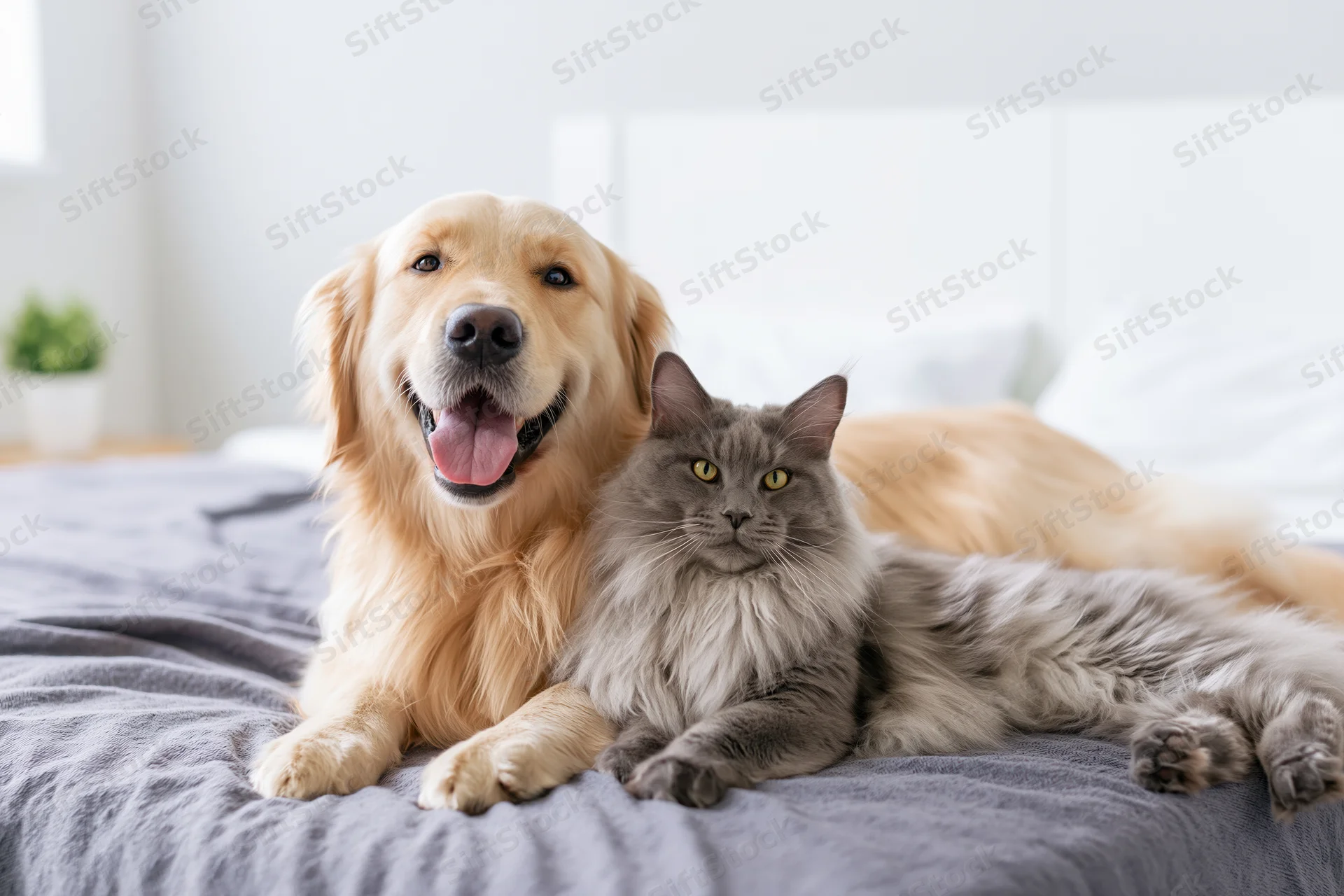 Golden retriever and grey cat lying together on a bed with grey blanket