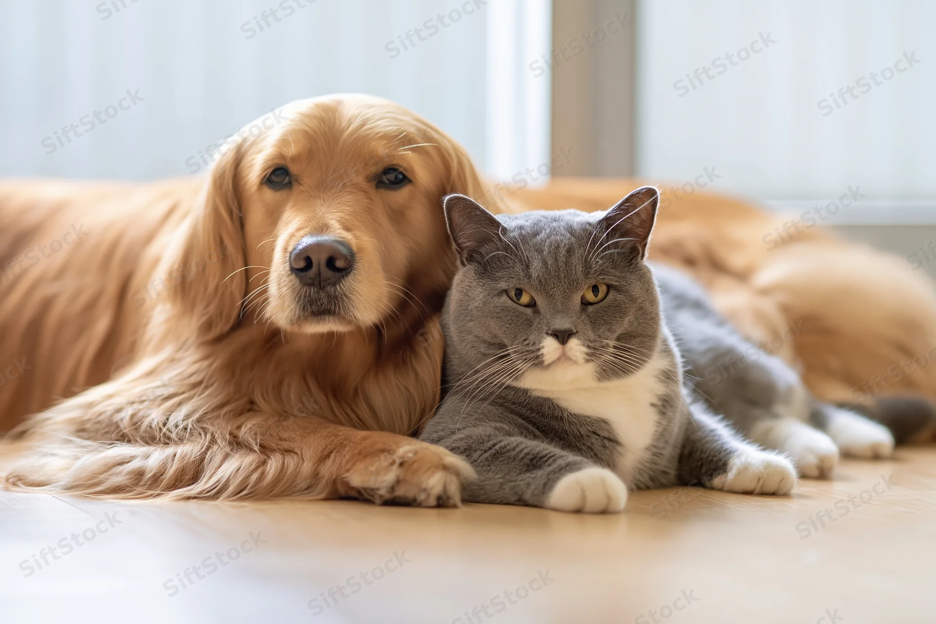 Golden retriever and grey cat lying together on hardwood floor indoors