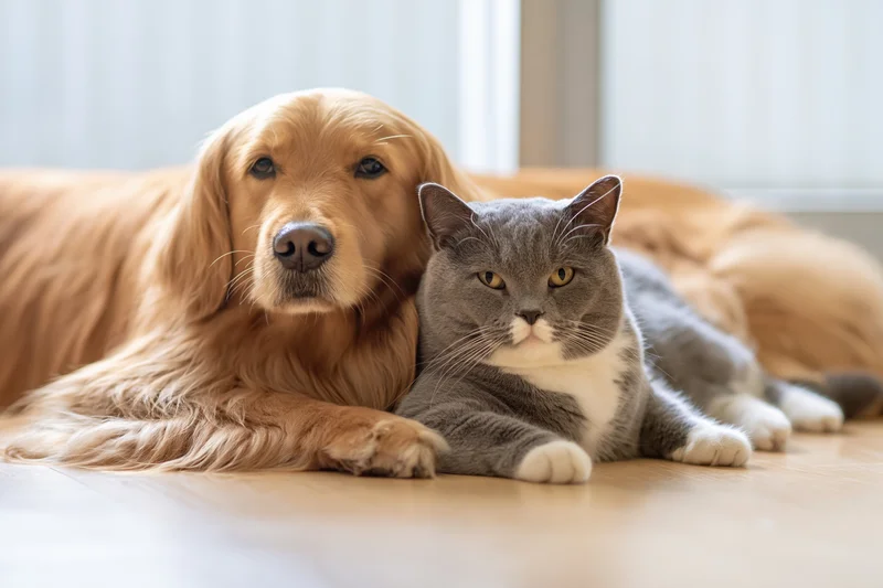Golden retriever and grey cat lying together on hardwood floor indoors