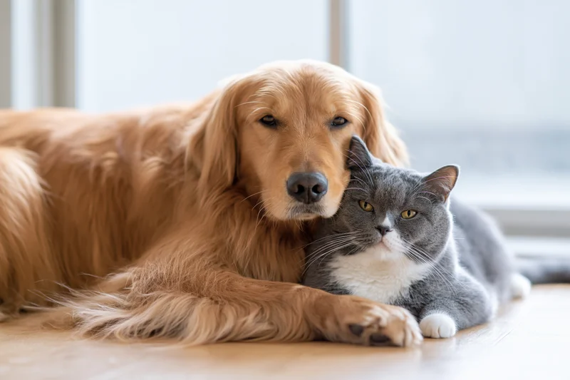 Golden retriever lying beside a grey cat on a light hardwood floor near a window