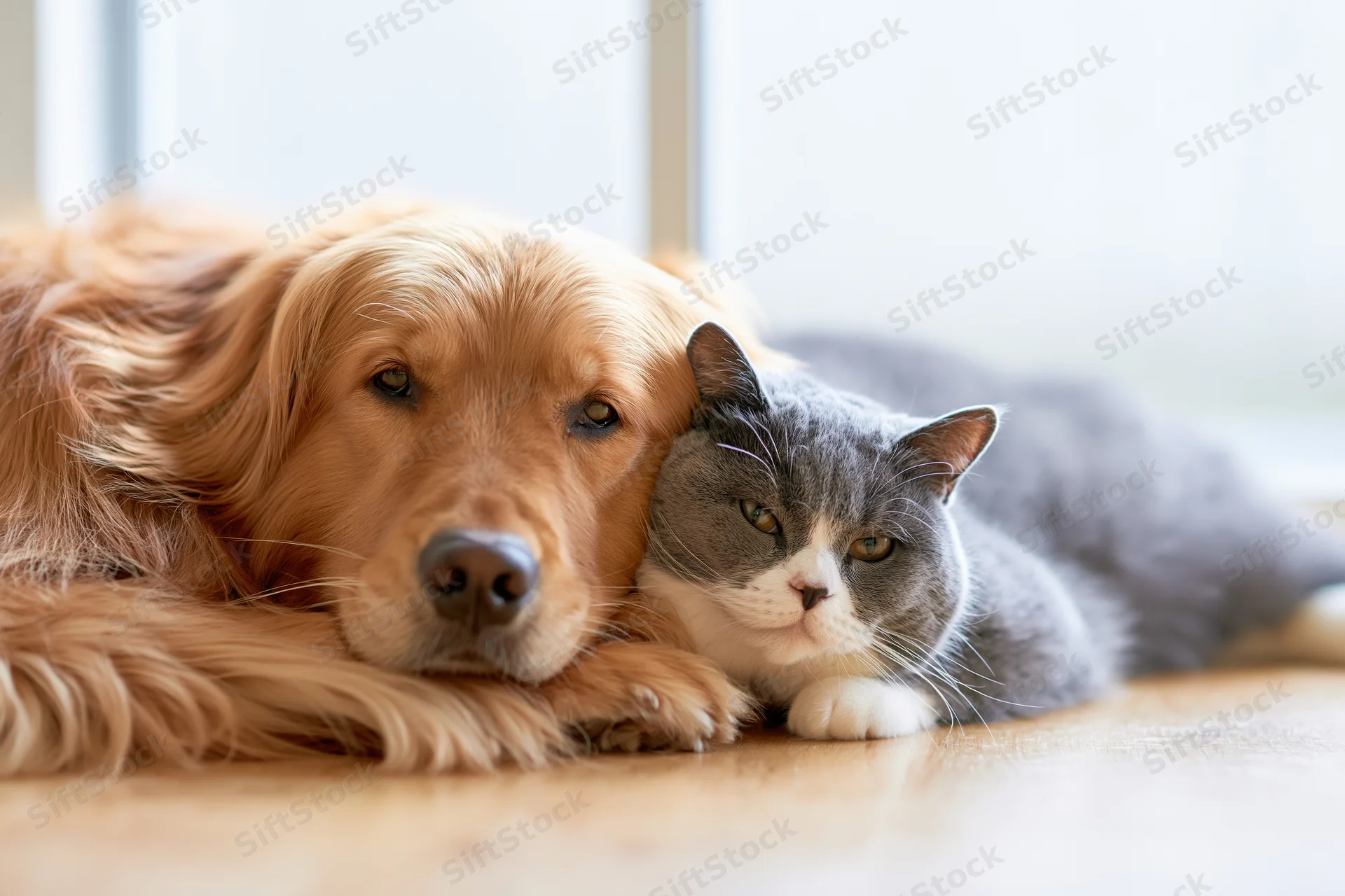 Golden retriever and gray cat lying together on hardwood floor near window