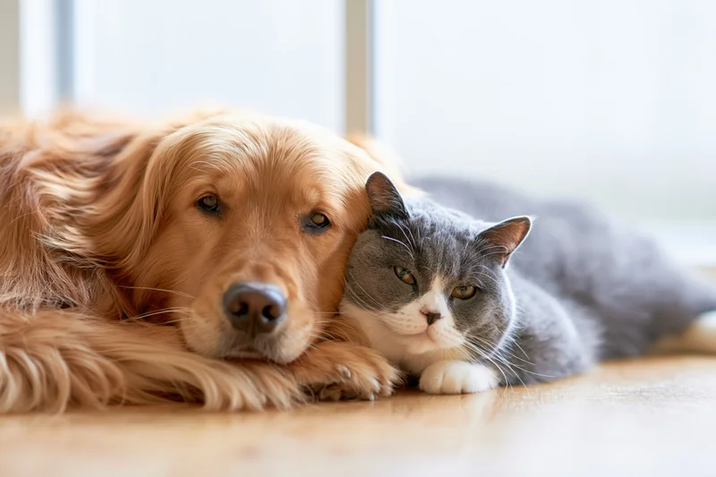 Golden retriever and gray cat lying together on hardwood floor near window