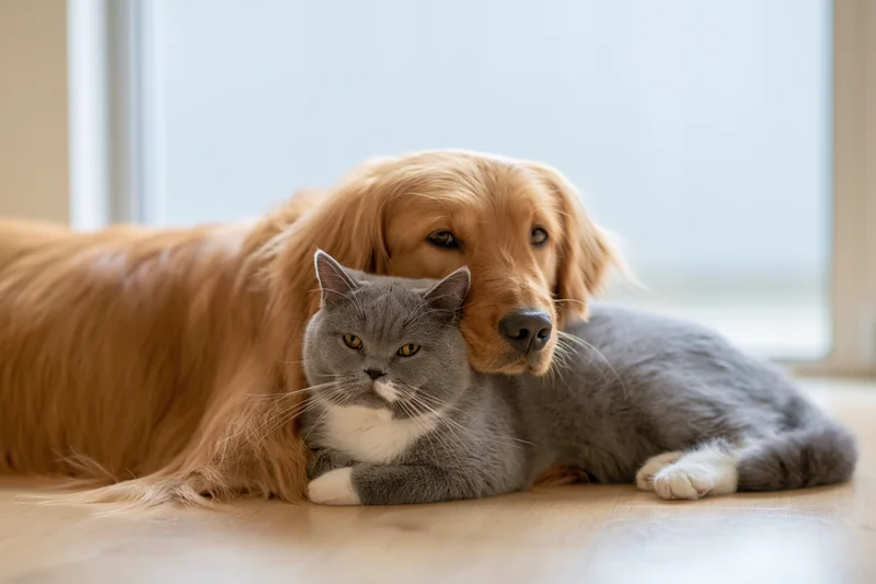 Golden retriever lying beside a grey cat on a hardwood floor near a window
