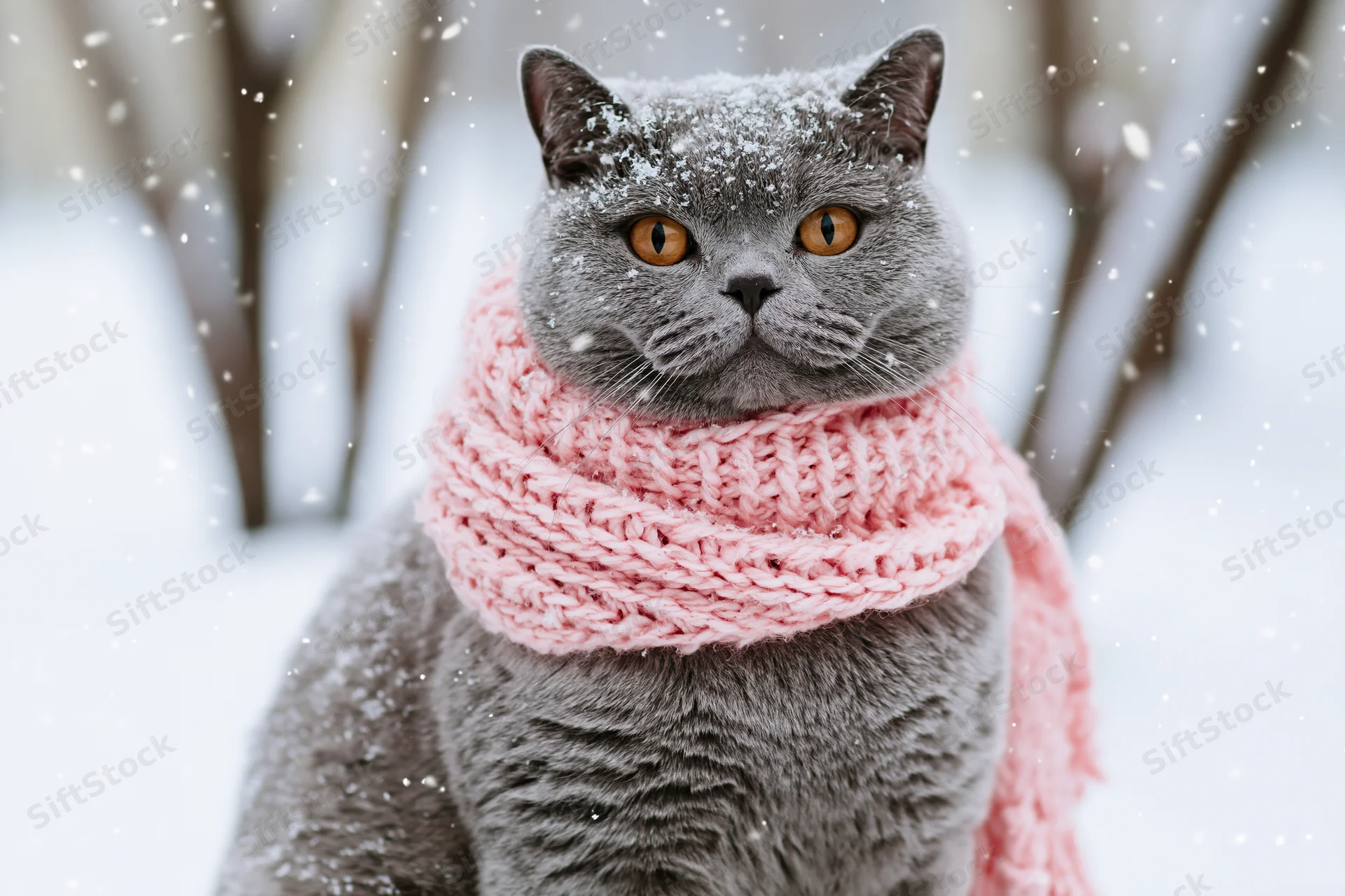 Grey british shorthair cat wearing pink knitted scarf sitting in snowy forest